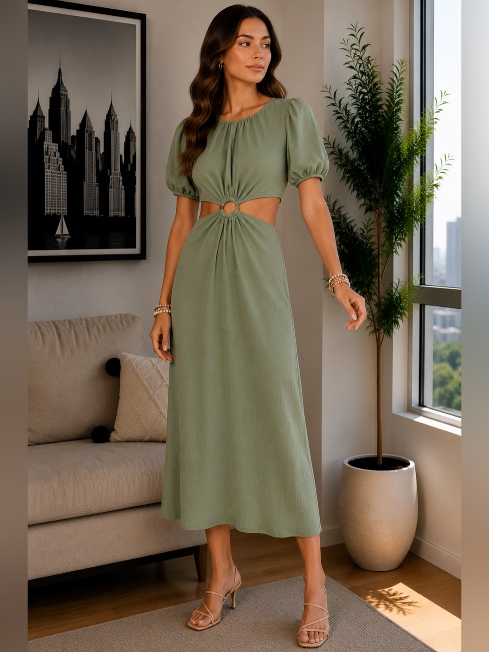 Zara Cut out Midi Dress Puff Sleeves in Olive Green size XS